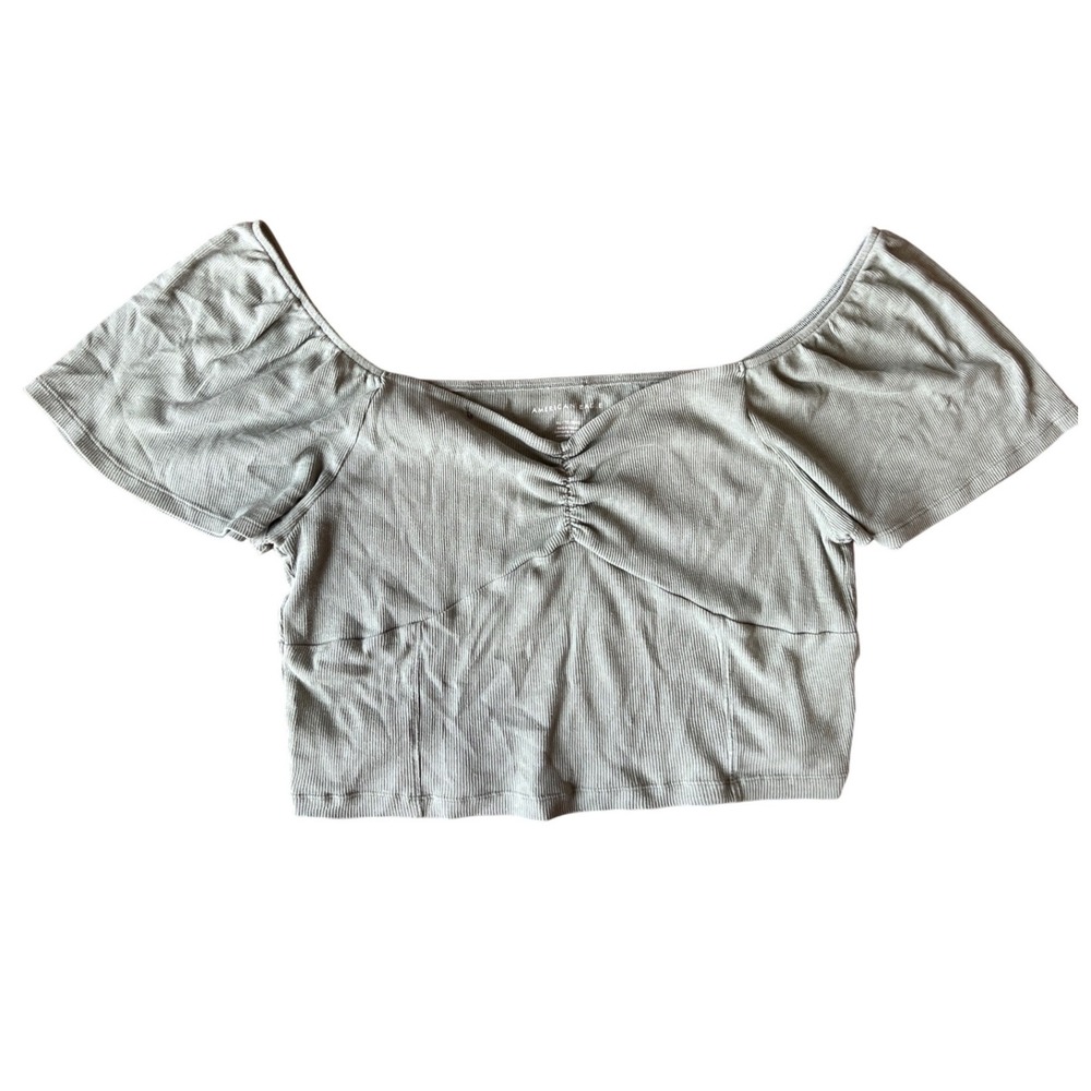 American Eagle Sage Green Ribbed Ruched Sweetheart Crop Top XL Flutter Sleeve